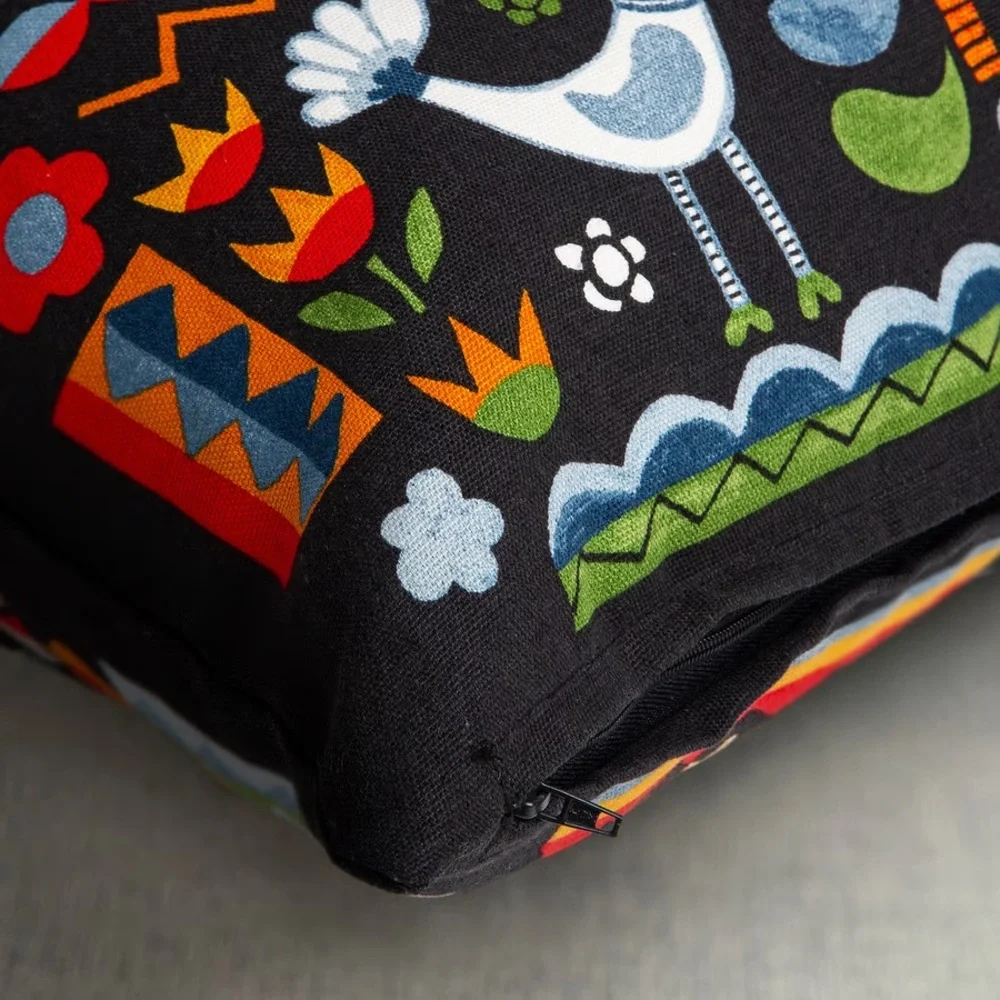 2 Folk Art Print Square Pillowcases - Black with Bright Multicolor Motifs